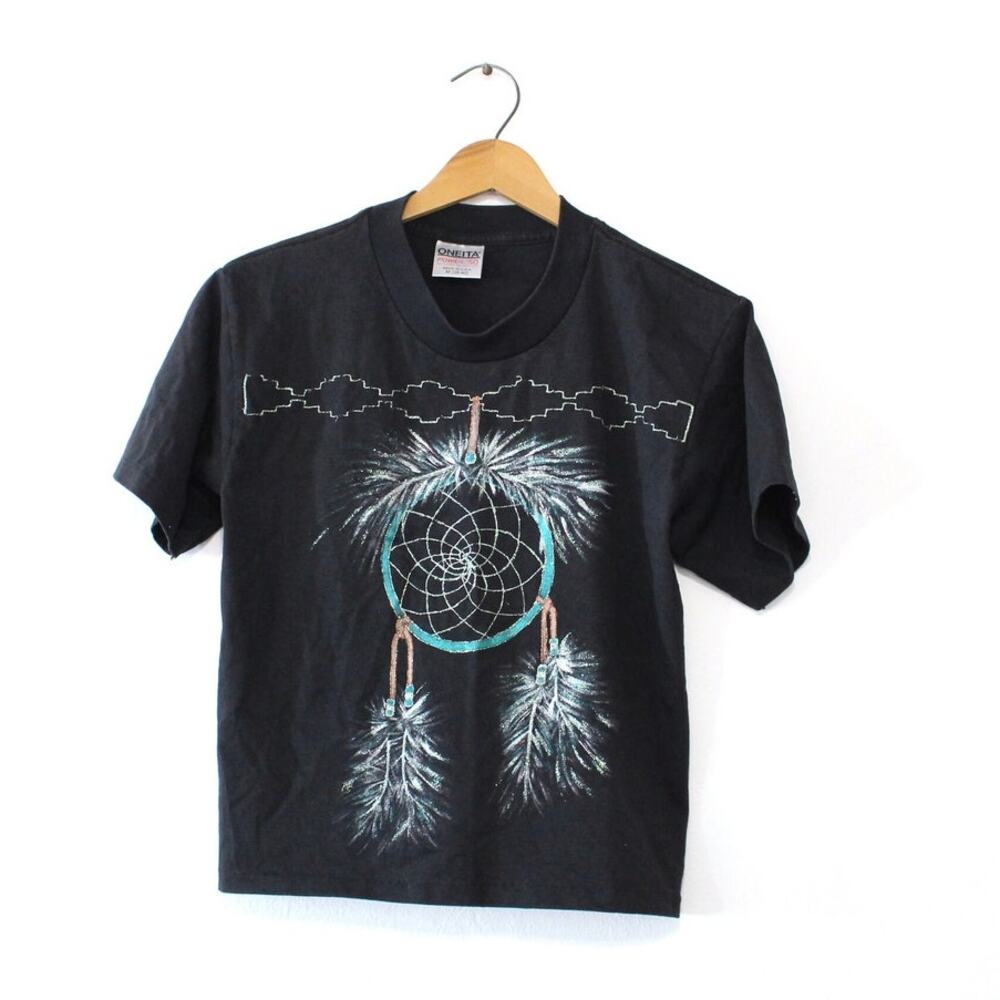 Vintage 90s Dreamcatcher Black Crop Top T Shirt Womens Medium Boho